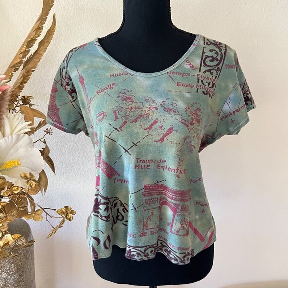 Y2k Paris Graphic Green & Pink Soft French Boho Chic Top 100% Cotton - Picture 1 of 7